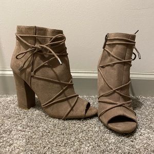 Bamboo Suede Peep Toe Ankle Boot